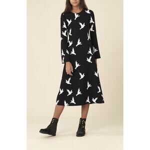 STINE GOYA ALINA JERSEY DRESS in STARS Black Blue White Size XS Long Sleeve Midi